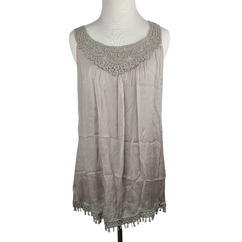 Via Signoria Taupe Silk Tank Lined & Embroidery Size Large